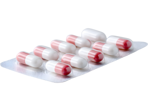 Probiotic supplement blister pack isolated on transparent background, representing health, vitamins, and wellness.