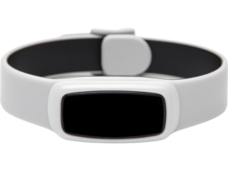 Small GPS tracker smartwatch with blue silicone band isolated on transparent background, symbolizing safety and technology.