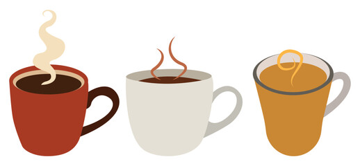 Assortment of Hot Beverages in Ceramic Cups – Coffee, Tea, and Hot Chocolate with Whipped Cream and Marshmallows
