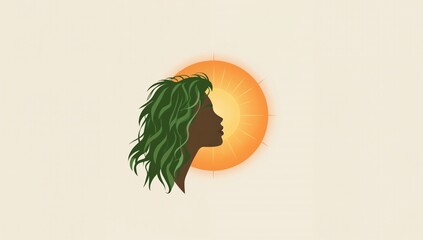 Silhouette profile of woman with green hair and sun aura background, nature spirituality, feminine energy, minimal modern art