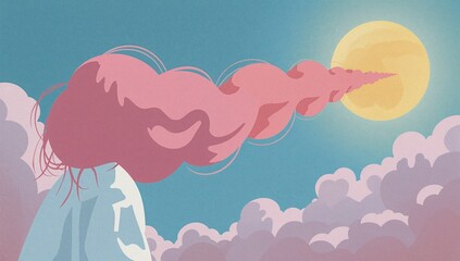 Surreal woman with flowing pink hair reaching toward sun in dreamy cloudscape under blue sky, whimsical fantasy art