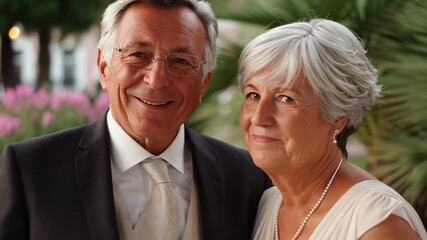 Smiling newlywed couple, aged 50–60, radiating joy and love on their wedding day, captured in a warm, happy, and heartwarming portrait