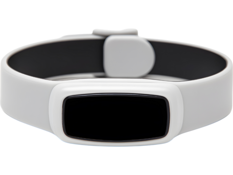 Small GPS tracker smartwatch with blue silicone band isolated on transparent background, symbolizing safety and technology.