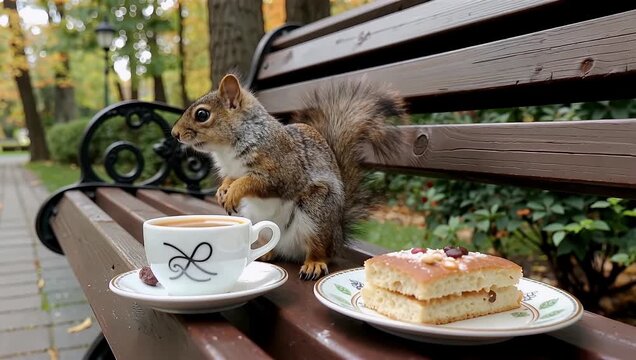 Squirrel on a park bench with coffee cup and cake slice in an outdoor cafe scene