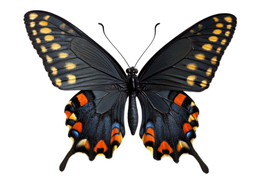Black butterfly with white spots and orange markings isolated on transparent background. Spicebush swallowtail butterfly isolated on white background.