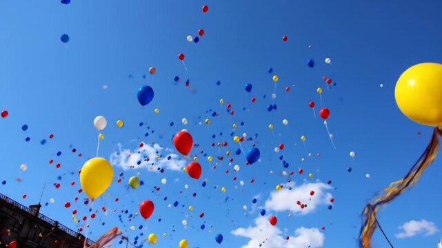 A vibrant array of colorful balloons ascending against a brilliant blue sky, celebrating an event