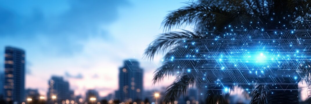 Digital network overlay on a palm tree in a smart city