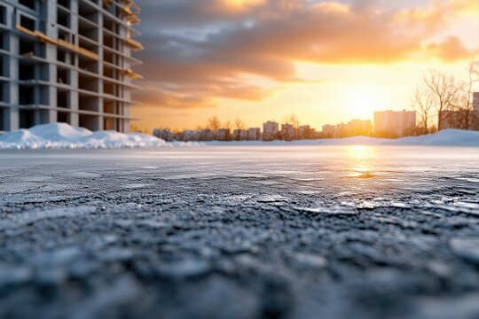 Frozen urban landscape with a construction site silhouetted against a vibrant winter sunset