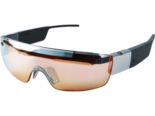 Futuristic augmented reality smart glasses with colorful gradient lens isolated on transparent background, representing innovation and technology.