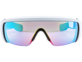 Modern augmented reality smart glasses with blue reflective lens isolated on transparent background, symbolizing future digital experience.