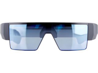 Modern augmented reality smart glasses with blue reflective lens isolated on transparent background, symbolizing future digital experience.