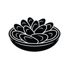 Stylized black and white illustration of a bowl of mussels