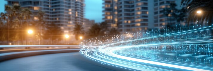High-speed data flow and digital connectivity in a modern urban landscape at night with abstract blue light trails