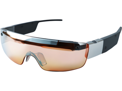 Futuristic augmented reality smart glasses with colorful gradient lens isolated on transparent background, representing innovation and technology.