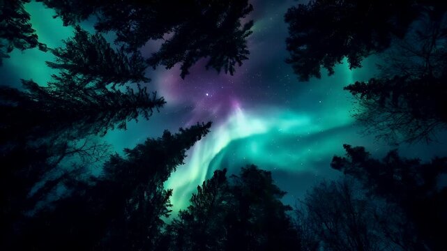 Aurora Borealis northern lights over a forest at night, with silhouettes of trees in the foreground and a starry sky overhead.