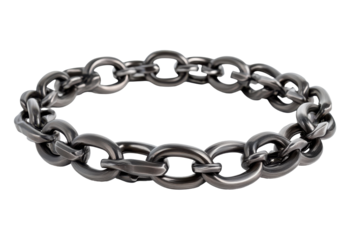 Silver chunky chain bracelet with skull links isolated on transparent background. Strong metal chain links isolated on white background.