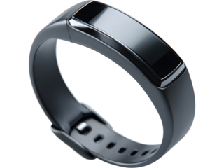 Modern black fitness tracker smartwatch isolated on transparent background, representing health monitoring and active lifestyle.