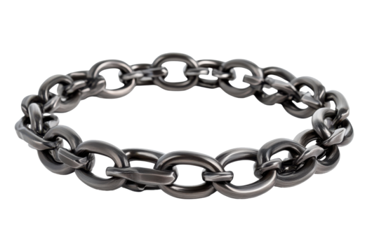 Silver chunky chain bracelet with skull links isolated on transparent background. Strong metal chain links isolated on white background.