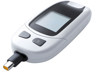 Smart digital blood glucose meter with LCD screen isolated on transparent background, representing modern health monitoring technology.