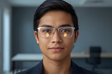 Portrait of a man with bitcoin symbols reflecting in his glasses