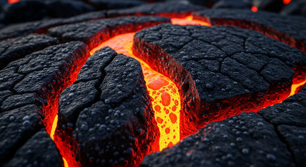 Close up of molten lava flowing between cracked, solid rock surface