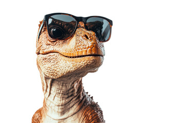 Cool dinosaur wearing sunglasses isolated on transparent background. Stylish dinosaur wearing sunglasses poses confidently isolated on white background.