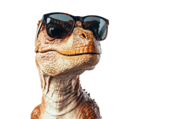 Cool dinosaur wearing sunglasses isolated on transparent background. Stylish dinosaur wearing sunglasses poses confidently isolated on white background.