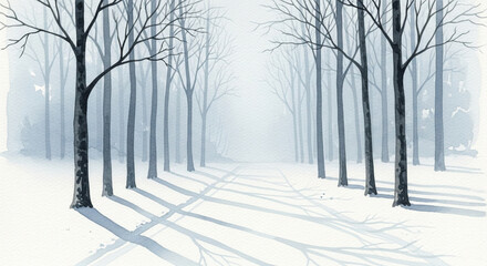 Watercolor painting of a snow covered path lined with bare trees