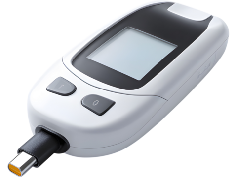 Smart digital blood glucose meter with LCD screen isolated on transparent background, representing modern health monitoring technology.
