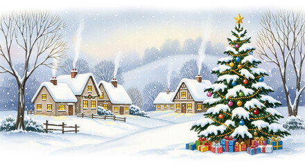 Watercolor painting of a snowy village with a decorated christmas tree
