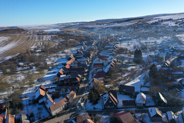  Aerial view of mountain village at winter by drone