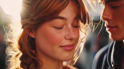 Young 18-year-old couple at sunset, with the guy gently kissing the girl on the forehead, capturing a tender, romantic, and cinematic moment.