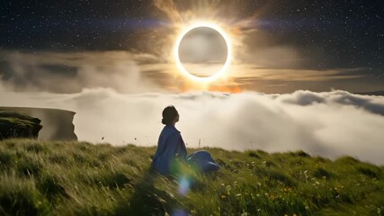 Woman meditates under solar eclipse. Silhouette sits on cliff amid grass. Fog and cloud layer fills valley below. Sun ring glows above horizon. Quiet landscape evokes meditation and wonder. Calm mood. - Powered by Adobe