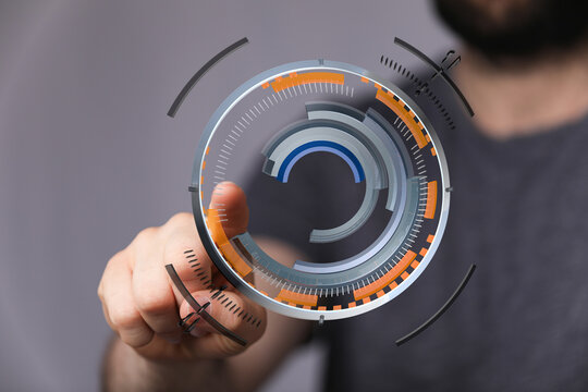 Abstract futuristic technology concept. Man touching digital interface. Innovation, connection, and data visualization. Perfect for t