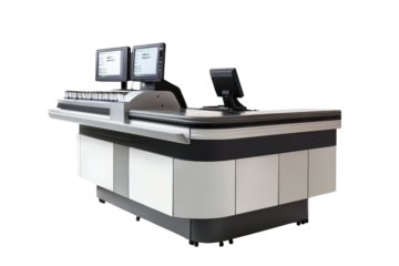 Modern retail checkout counter with two computer screens isolated on transparent background. Modern checkout counter with computer monitors for retail store operations isolated on white background.