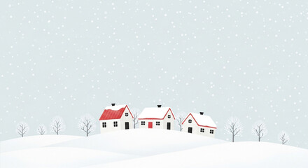 Winter landscape with snow falling on houses and trees in a peaceful scene