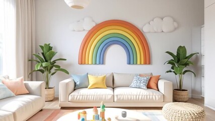 A cozy living room with a rainbow wall decor, soft colors, and decorative pillows - Powered by Adobe