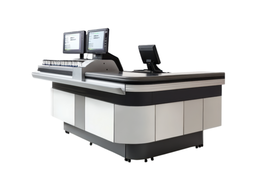 Modern retail checkout counter with two computer screens isolated on transparent background. Modern checkout counter with computer monitors for retail store operations isolated on white background.