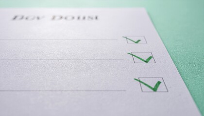 Close-up of a checklist with three green checkmarks on a white paper against a light green background.