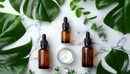 Overhead view of amber glass bottles and a jar of cream surrounded by green leaves on a marble surface with a natural and calming mood.