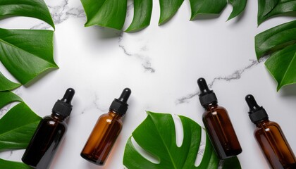 Top-down view of four amber glass bottles with dropper lids surrounded by green tropical leaves on a white marble surface with gray veins.