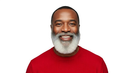 A smiling 44-49-year-old Black man, a professional Santa out of costume, wears a jolly red sweater, with a natural white beard. Perfect for diverse holiday marketing, Christmas promotions,