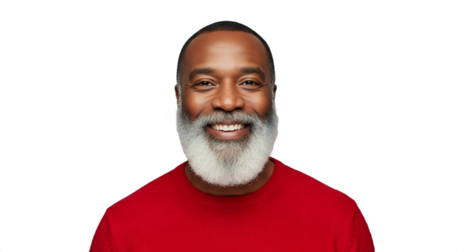 A smiling 44-49-year-old Black man, a professional Santa out of costume, wears a jolly red sweater, with a natural white beard. Perfect for diverse holiday marketing, Christmas promotions,