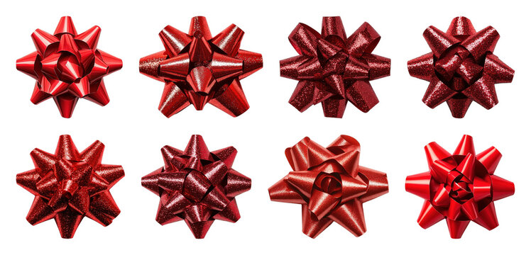PNG Red shiny decorative gift bows, element set on transparent background