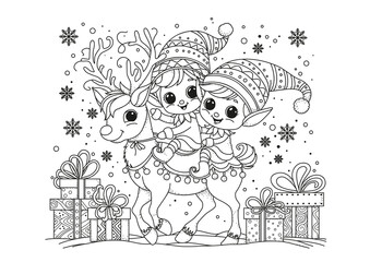 Two cute elves riding a reindeer. Christmas atmosphere. Coloring page. Black and white illustration for coloring.