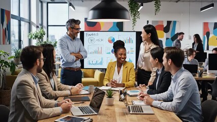 Business team analyzing data presented on a screen in modern office environment - Powered by Adobe