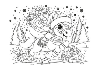 A cheerful little horse carries a sack of Christmas presents on its back. This coloring page is for children and adults. Black and white illustration for coloring.