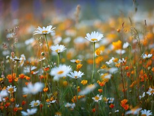 Field of White and Orange Wildflowers Growing Amidst Greenery with a Soft, Dreamy, Blurry Background in Natural Light