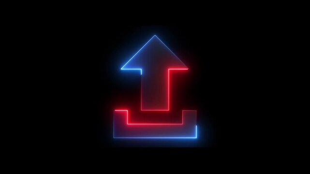 Neon Upload arrow and web design icon saber animation on black background. 4K Video