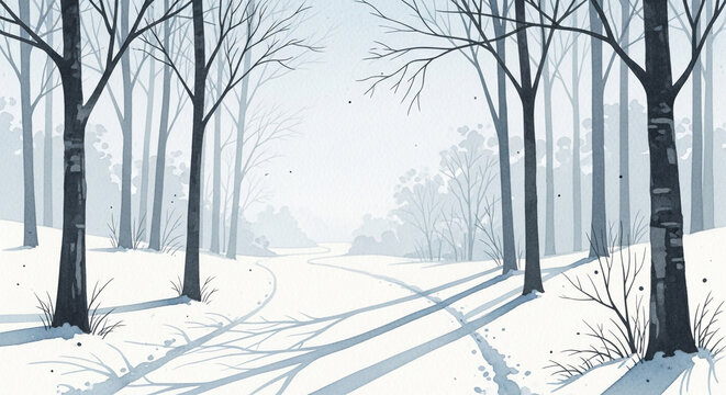 Winter forest landscape with snowcovered ground and bare trees in daylight - Powered by Adobe